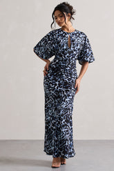 Animal Print Ruched Flutter-Sleeve Cut-Out Maxi Dress